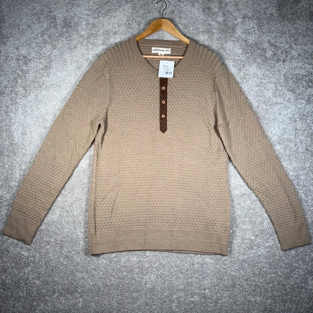NWT Obermeyer Men's M Henley Knit Sweater Beige Textured Half Button Long Sleeve
